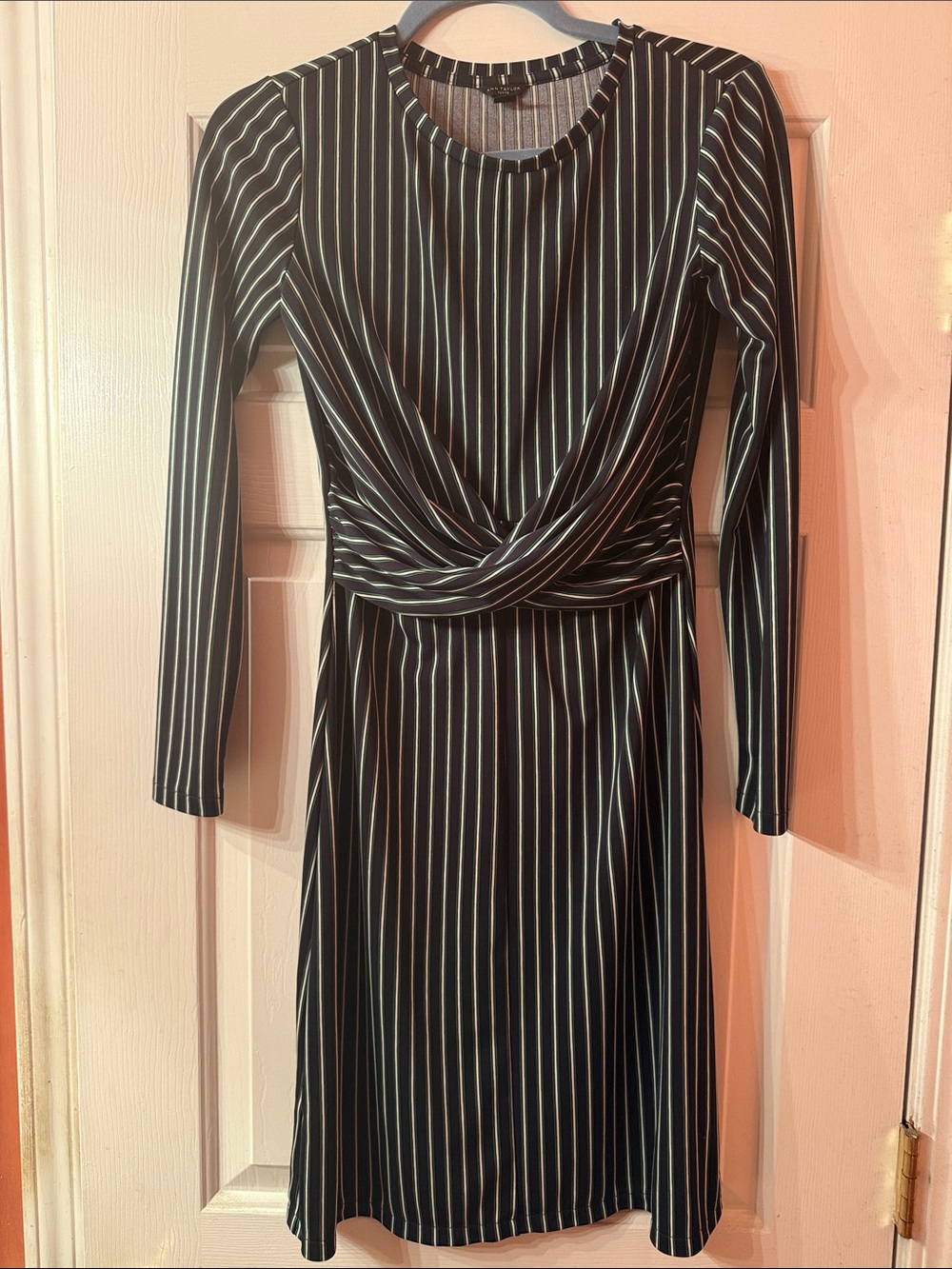 Ann Taylor Navy Blue Dress with White and Green Pinstripes and Twist Waist